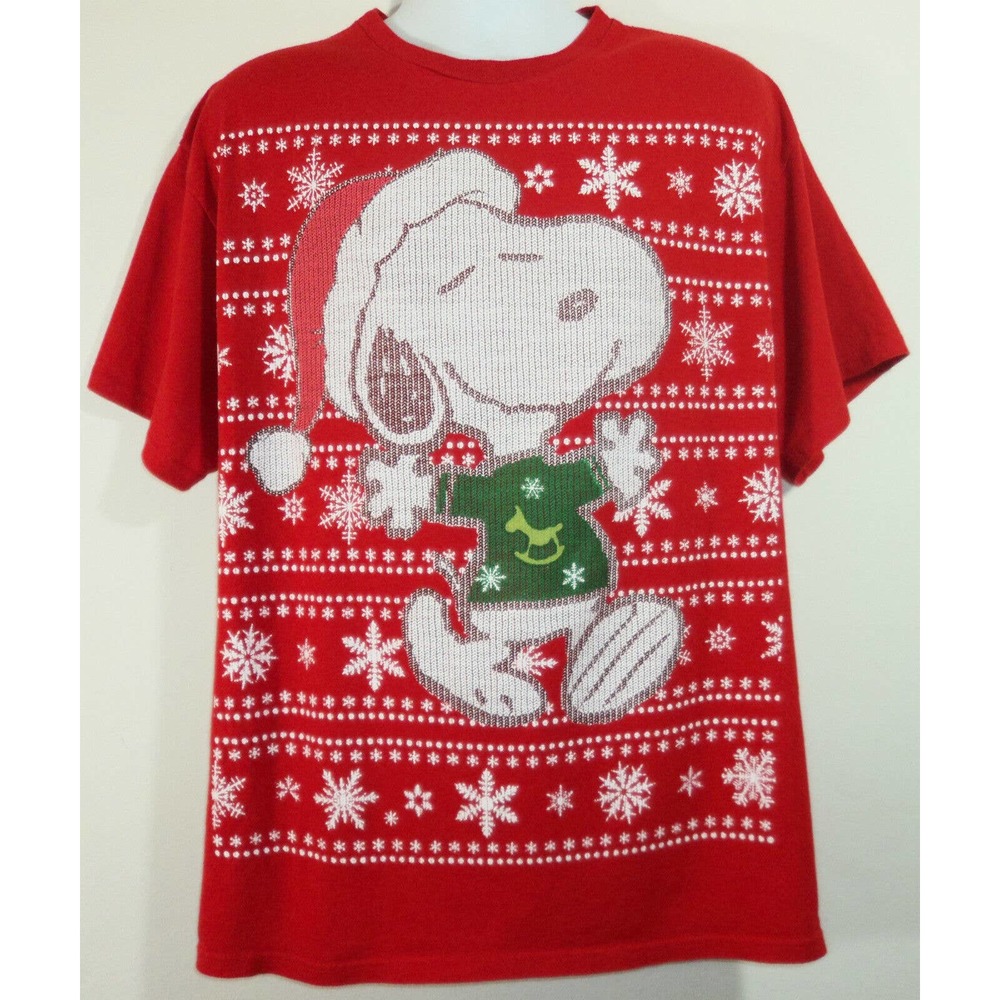 Peanuts Mens XL Snoopy Joe Cool Santa Claus T Shirt Red White Green Snowflakes